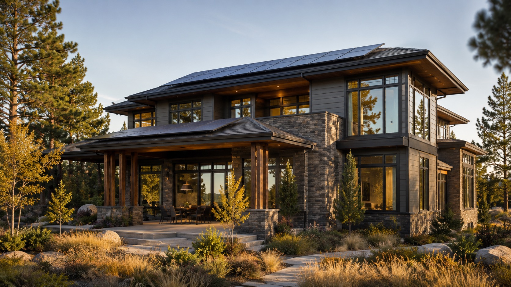 Modern home with solar panels, stone, and wood accents surrounded by trees. — Vireo Homes
